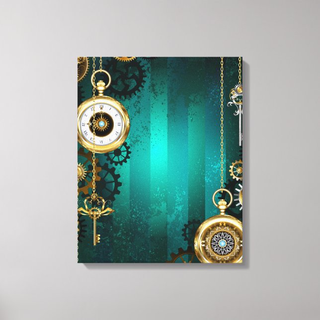Steampunk Jewellery Watch on a Green Background Canvas Print (Front)