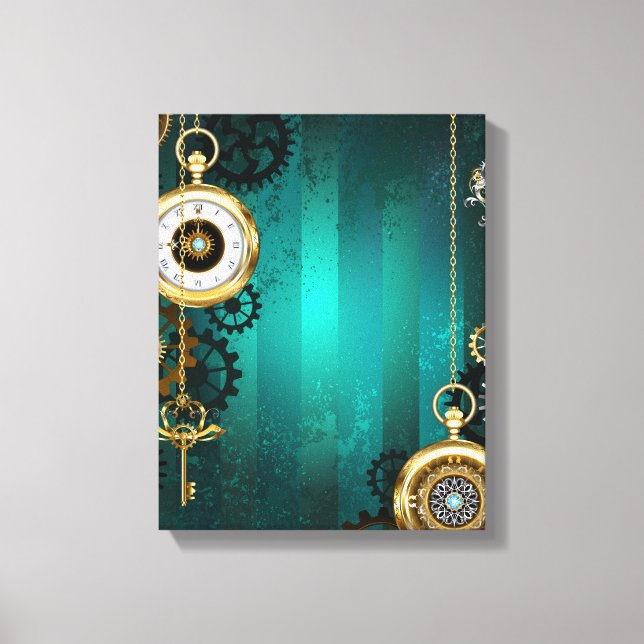 Steampunk Jewellery Watch on a Green Background Canvas Print (Front)