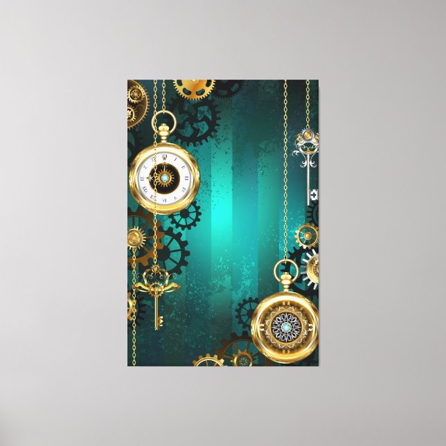 Steampunk Jewellery Watch on a Green Background Canvas Print (Front)