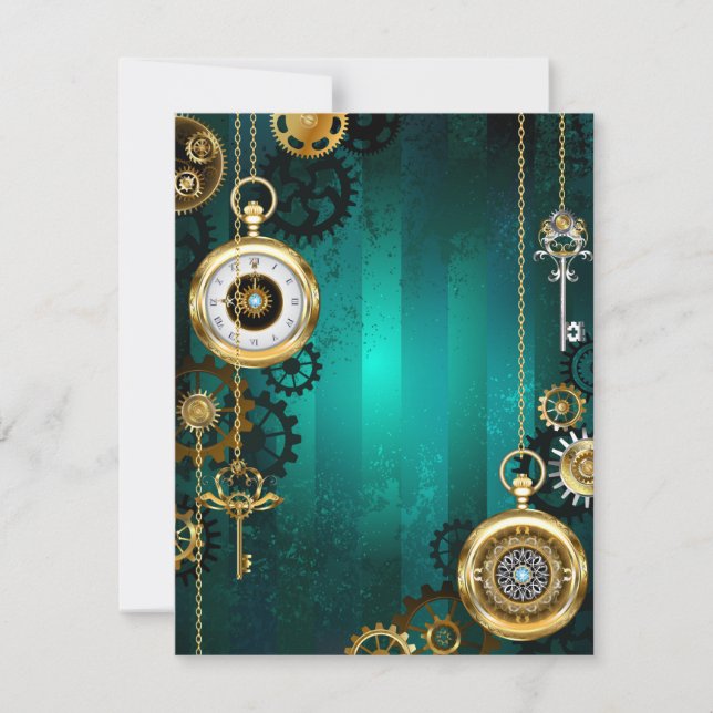 Steampunk Jewellery Watch on a Green Background Card (Front)