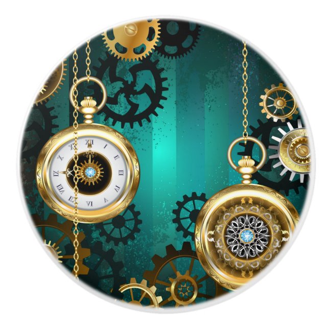 Steampunk Jewellery Watch on a Green Background Ceramic Knob (Front)