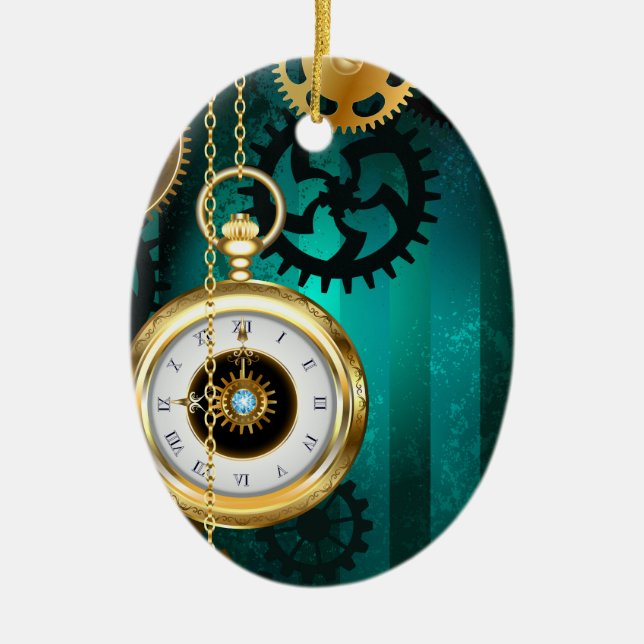 Steampunk Jewellery Watch on a Green Background Ceramic Ornament (Front)