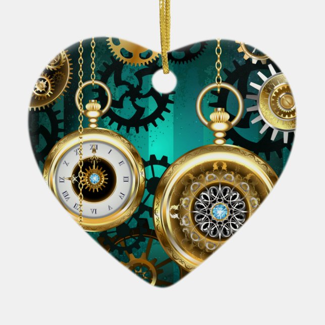 Steampunk Jewellery Watch on a Green Background Ceramic Ornament (Front)