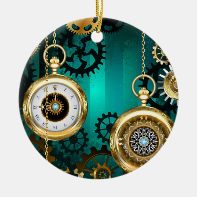 Steampunk Jewellery Watch on a Green Background Ceramic Ornament (Front)