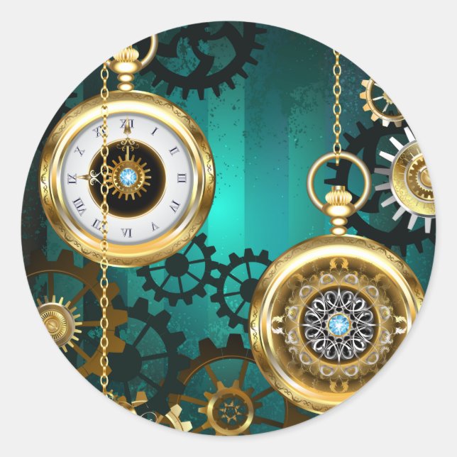 Steampunk Jewellery Watch on a Green Background Classic Round Sticker (Front)