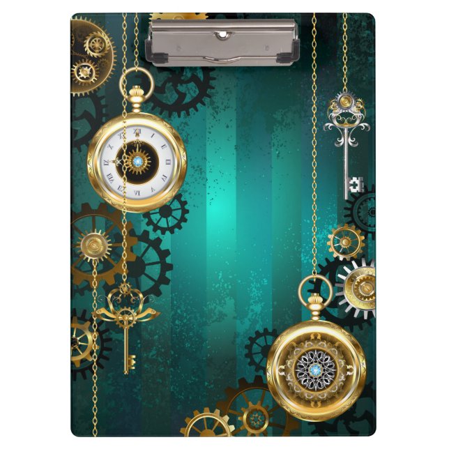 Steampunk Jewellery Watch on a Green Background Clipboard (Front)