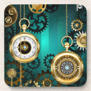 Steampunk Jewellery Watch on a Green Background Coaster