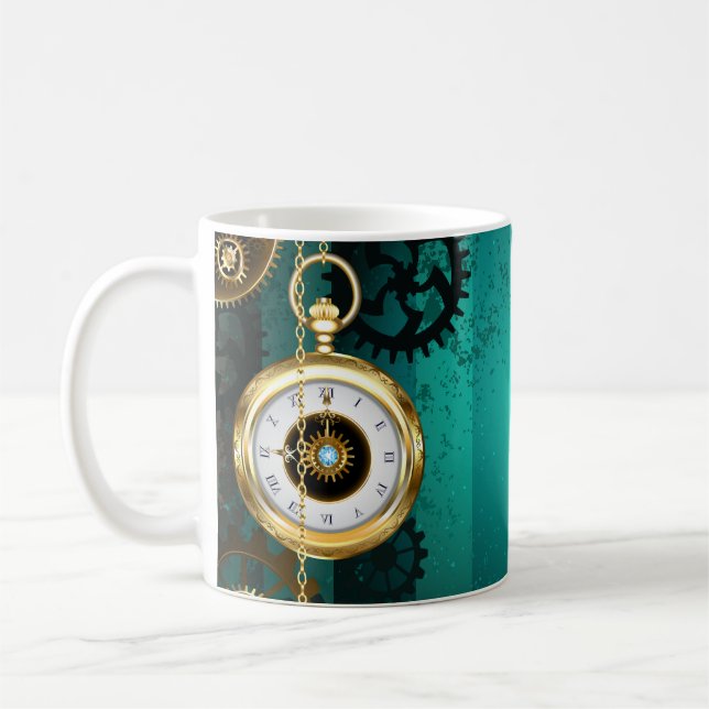 Steampunk Jewellery Watch on a Green Background Coffee Mug (Left)
