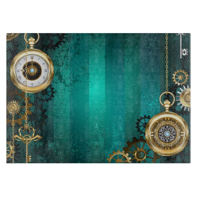Steampunk Jewellery Watch on a Green Background Cutting Board (Front)