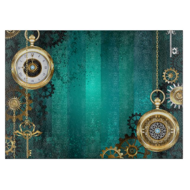 Steampunk Jewellery Watch on a Green Background Cutting Board (Front)