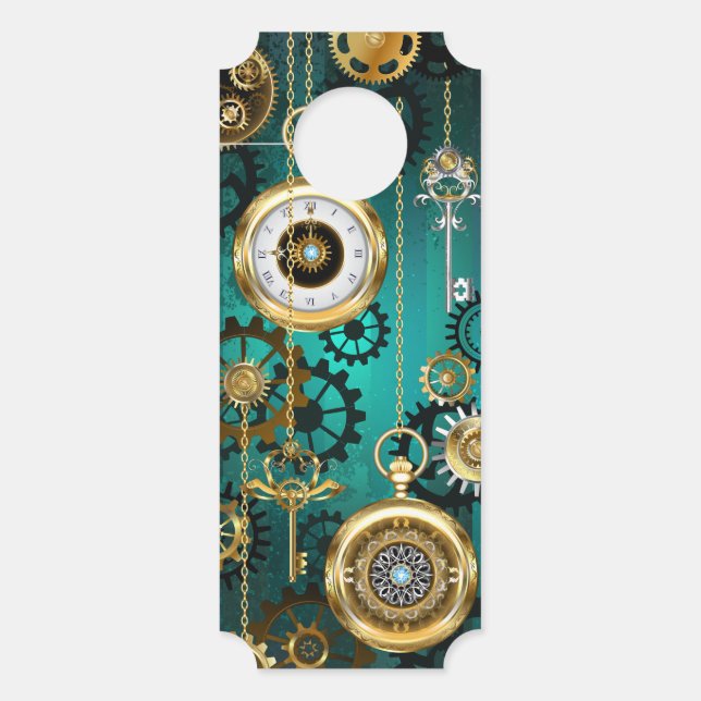 Steampunk Jewellery Watch on a Green Background Door Hanger (Front)