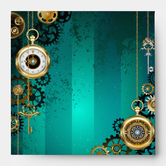 Steampunk Jewellery Watch on a Green Background Envelope (Front)