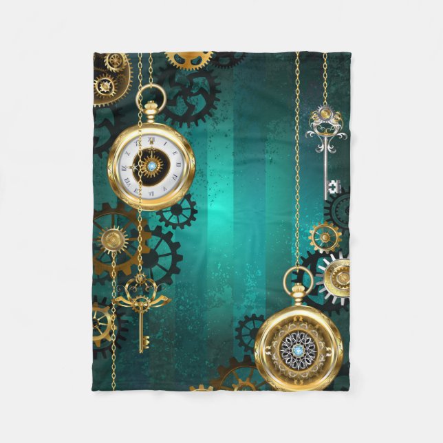 Steampunk Jewellery Watch on a Green Background Fleece Blanket (Front)