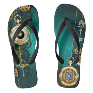 Steampunk Jewellery Watch on a Green Background Flip Flops
