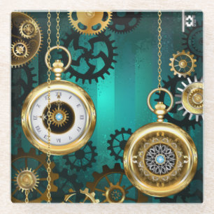 Steampunk Jewellery Watch on a Green Background Glass Coaster