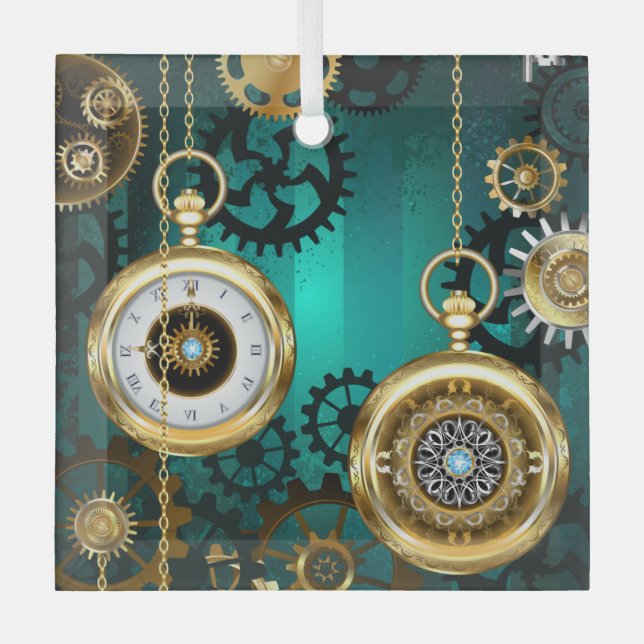 Steampunk Jewellery Watch on a Green Background Glass Ornament (Front)