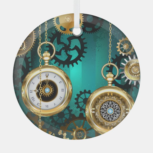 Steampunk Jewellery Watch on a Green Background Glass Ornament (Front)