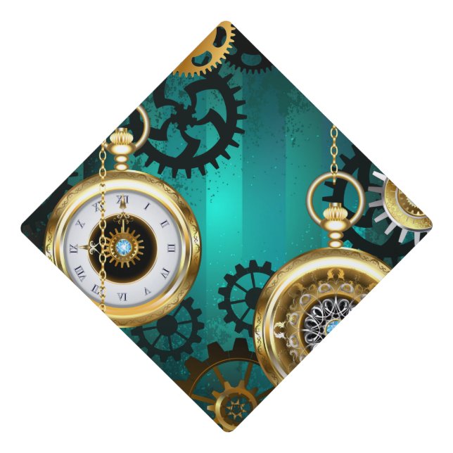Steampunk Jewellery Watch on a Green Background Graduation Cap Topper (Front)