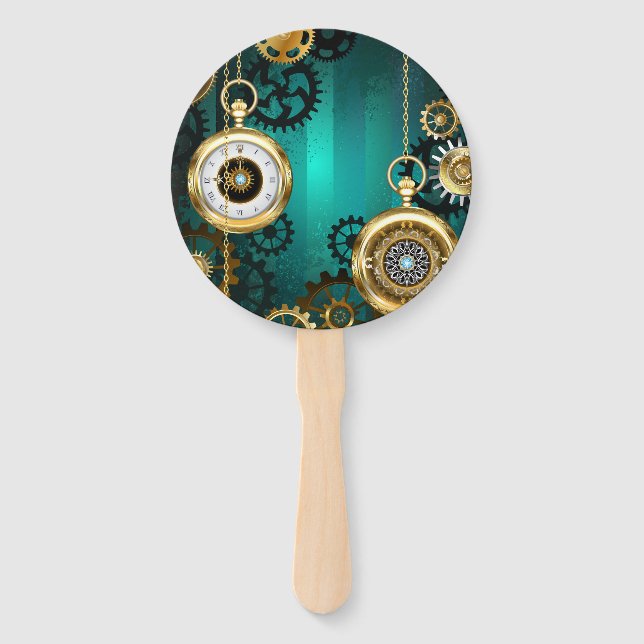Steampunk Jewellery Watch on a Green Background Hand Fan (Front)