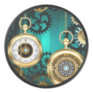 Steampunk Jewellery Watch on a Green Background Hockey Puck