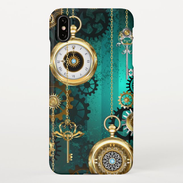 Steampunk Jewellery Watch on a Green Background iPhone Case (Back)