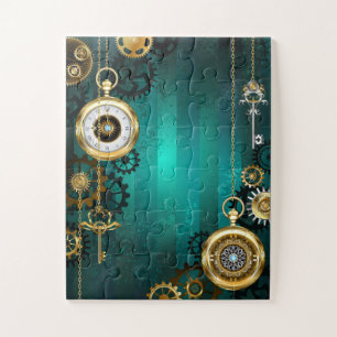 Steampunk Jewellery Watch on a Green Background Jigsaw Puzzle
