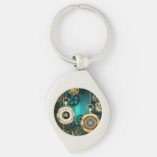 Steampunk Jewellery Watch on a Green Background Keychain (Front)
