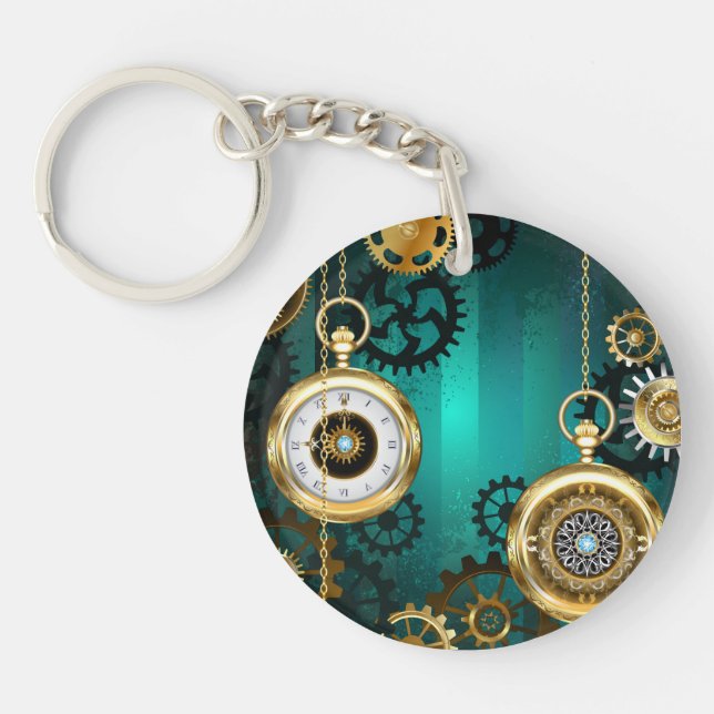 Steampunk Jewellery Watch on a Green Background Keychain (Front)