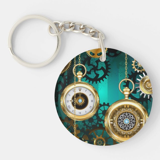 Steampunk Jewellery Watch on a Green Background Keychain (Front)