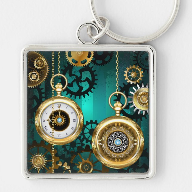 Steampunk Jewellery Watch on a Green Background Keychain (Front)