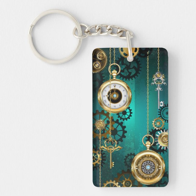 Steampunk Jewellery Watch on a Green Background Keychain (Front)