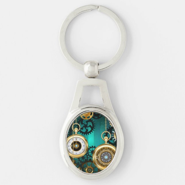 Steampunk Jewellery Watch on a Green Background Keychain (Front)