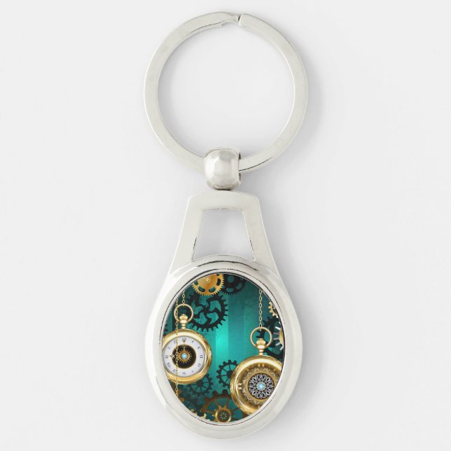 Steampunk Jewellery Watch on a Green Background Keychain (Front)