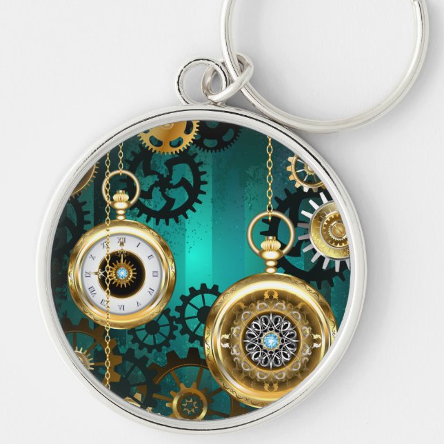 Steampunk Jewellery Watch on a Green Background Keychain (Front)
