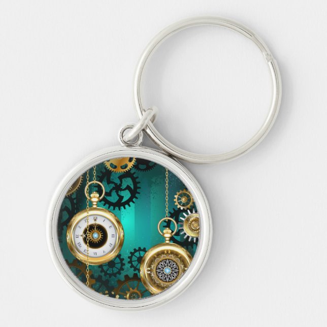 Steampunk Jewellery Watch on a Green Background Keychain (Front)