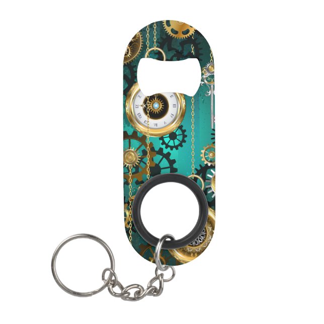 Steampunk Jewellery Watch on a Green Background Keychain Bottle Opener (Front)