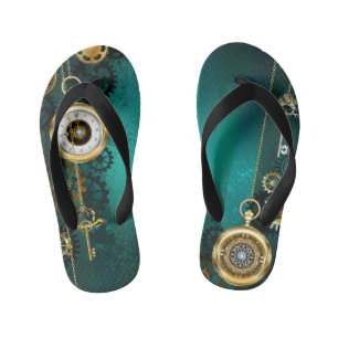 Steampunk Jewellery Watch on a Green Background Kid's Flip Flops