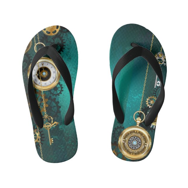 Steampunk Jewellery Watch on a Green Background Kid's Flip Flops (Footbed)