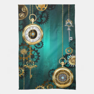 Steampunk Jewellery Watch on a Green Background Kitchen Towel
