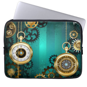 Steampunk Jewellery Watch on a Green Background Laptop Sleeve