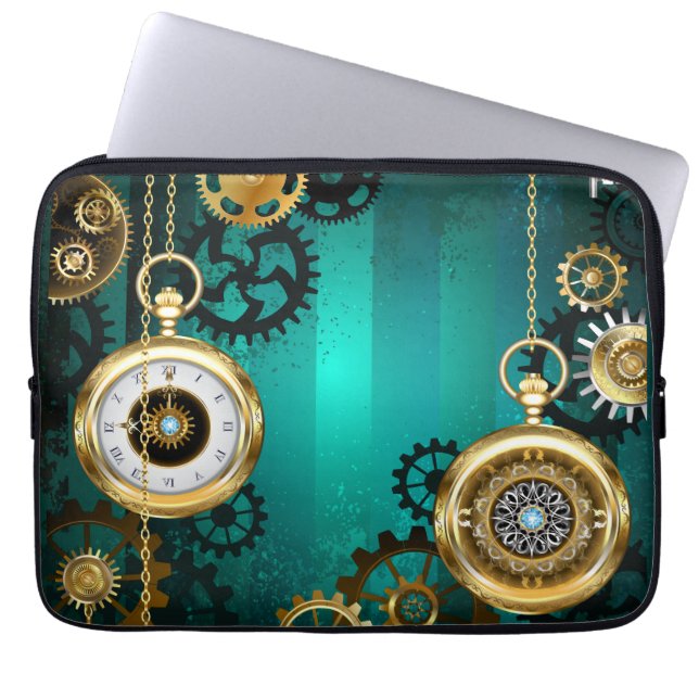 Steampunk Jewellery Watch on a Green Background Laptop Sleeve (Front)