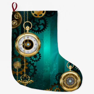 Steampunk Jewellery Watch on a Green Background Large Christmas Stocking