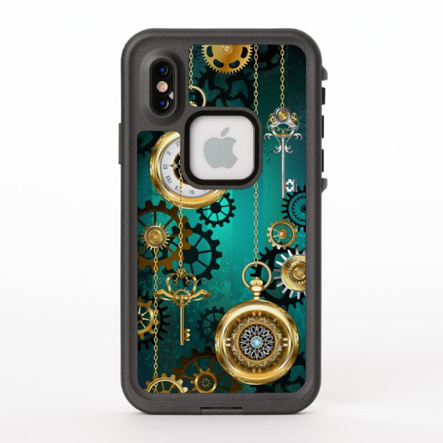 Steampunk Jewellery Watch on a Green Background LifeProof iPhone Case (Back)