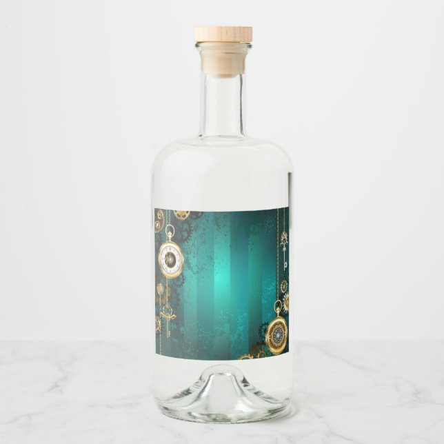 Steampunk Jewellery Watch on a Green Background Liquor Bottle Label (Front)