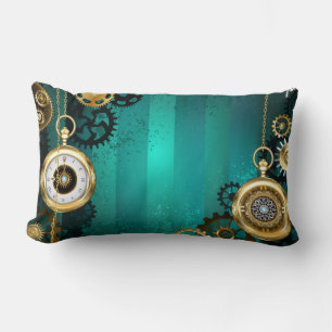 Steampunk Jewellery Watch on a Green Background Lumbar Pillow
