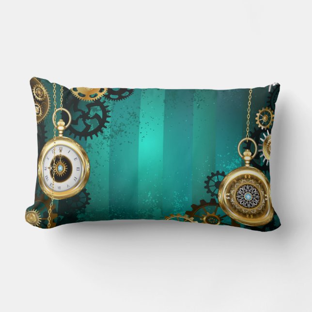Steampunk Jewellery Watch on a Green Background Lumbar Pillow (Front)