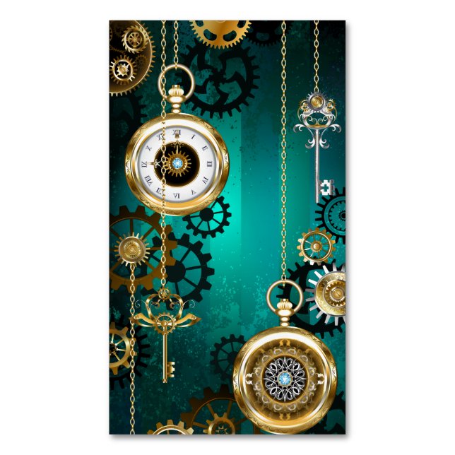 Steampunk Jewellery Watch on a Green Background Magnetic Business Card (Front Vertical)