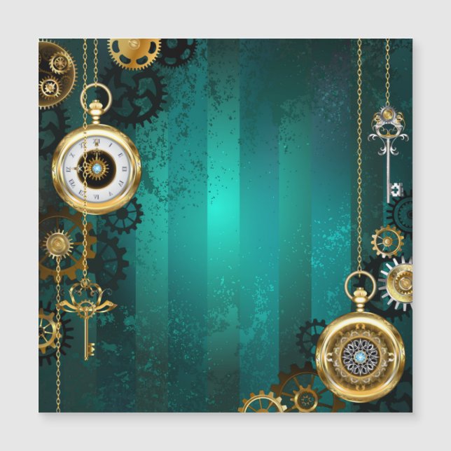 Steampunk Jewellery Watch on a Green Background Magnetic Invitation (Front)