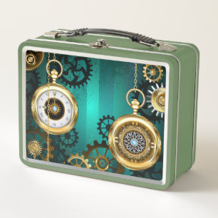 Steampunk Jewellery Watch on a Green Background Metal Lunch Box