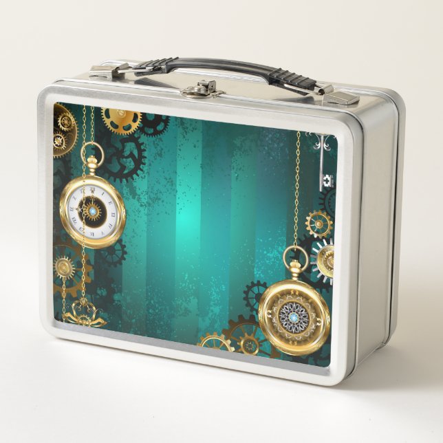 Steampunk Jewellery Watch on a Green Background Metal Lunch Box (Front)